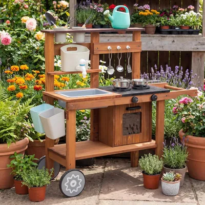 Image de Cuisine de boue en bois - Cuisine pour enfants - Avec robinet, poêles et étagères - Pour enfants dès 3 ans