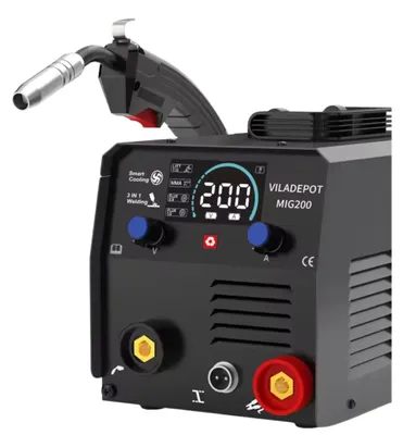 Produktbild von Schweißmaschine, 200A Schweißstrom, 220V Spannung, 345x315x240mm Abmessungen, kein Gas, Fülldraht, automatische Drahtvorschubgeschwindigkeit