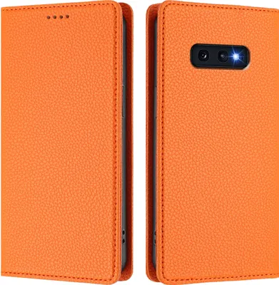 A product image showing an orange phone case with a wallet and card slots.