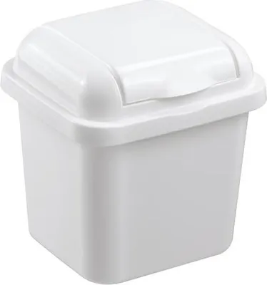 A white tabletop trash can with a flip-top lid.