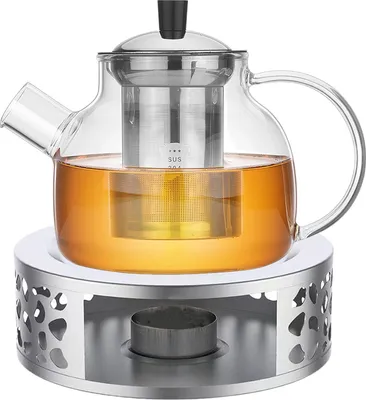 Obrázok produktu pre Čajová kanvica sklenená s kanvicou z nehrdzavejúcej ocele čajová súprava na ohrievanie čaju cca 800 ml, 800 ml, 11 cm, 8,3 cm, 11,5 cm, sklo