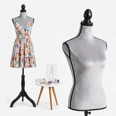 Produktbild von Relaxdays Schneiderpuppe, weiblich, Größe 36/38, verstellbar 130–167 cm, Samt, Holzständer, Nähpuppe, hellgrau/schwarz