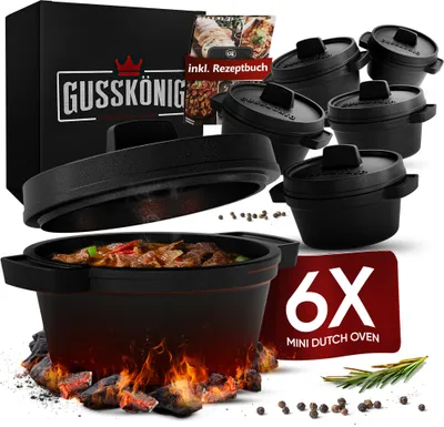 Produktbild von GUSSKÖNIG Dutch Oven Set Mini - 6x 300ml Gusseisen Mini Topf mit Deckel - bereits eingebrannter Mini Dutch Oven