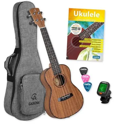 Immagine prodotto di Set di ukulele da concerto in mogano (incl. Metodo in 4 lingue (DE/EN/FR/ES), Borsa imbottita, 3 plettri, Accordatore)**