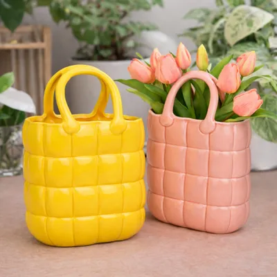 Produktbild von Blumenvasen Set Handtasche aus Keramik, Dekovasen in Gelb & Rosa