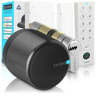 Produktbild von Tedee GO2 Alu Smart Lock Set mit Keypad PRO, Türsensor & EXXO Zylinder – Elektronisches Türschloss, Klasse 6, Fingerabdruck & PIN, Auto-Lock, Matter