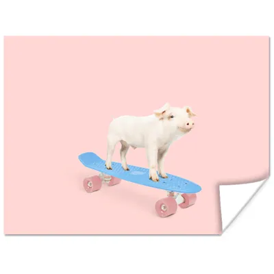 Produktbild von MuchoWow® Poster Schwein - Rosa - Skateboard - Blau - Tiere 120x90 cm - Wandbild