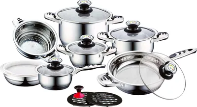 A collection of stainless steel cookware with glass lids, arranged on a white background.