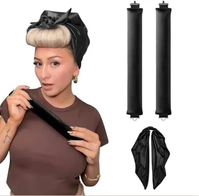 Productafbeelding van PromoHome® 2 lokkenrollers + haarband set – Krullen zonder hitte, overnight, zachte satijn, geschikt voor alle haartypes, zwart