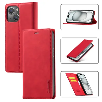 Obrázek produktu pro Kožené pouzdro pro iPhone 15, s funkcí stojánku a držákem karet, peněženkový design pouzdro červené