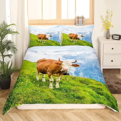 Produktbild von Bettwäsche Set 135x200 cm mit Kissenbezug 80x80 cm, Kuh Motiv, 100% Mikrofaser, Reißverschluss