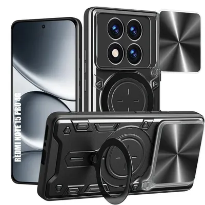 Image de Coque pour Xiaomi Redmi Note 15 Pro 4G, Antichoc avec Protection Caméra et Anneau Rotatif - Noir