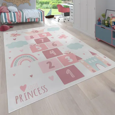 Produktbild von Kinderteppich waschmaschinenwaschbar Prinzessinnen‑Hüpfkästchen‑Muster Kinderzimmer schmutzabweisend Creme Rechteckig 120x160 | 100% Polyester
