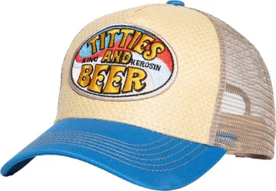 Zdjęcie produktu dla King Kerosin - HFT Trucker Mesh Cap 2024 Titties and Beer Beige/Blue