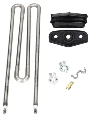 A collection of appliance parts, including a heating element and rubber seals, arranged on a white background.