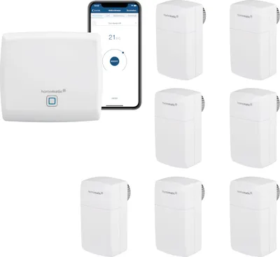 Produktbild von Homematic IP Smart Home Heizungssteuerung Behördenmodell mit App für 7 Heizkörper - Geeignet für Büros, Arztpraxen und Gewerbe. Inhalt: Access Point, 7 Heizkörperthermostate - kompakt. Kompatibel mit Alexa und Google Home.