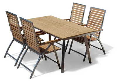 Produktbild von ALEOS. Gartengarnitur Edelstahl Teak Set Nassau Tisch 160x90 cm + 4 Hochlehner beste Teakholz Qualität A-Grade Sitzgarnitur Gastronomiequalität Gartenmöbelgarnitur Esstischset Hochlehnerset