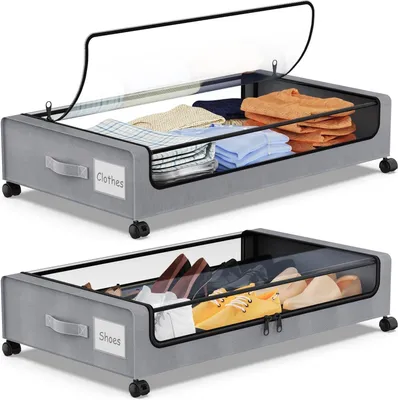 Productafbeelding van Onder bed opslag met wielen containers - Set van 2 - Schoenen - Speelgoed - Boeken - Dekens - Zwart
