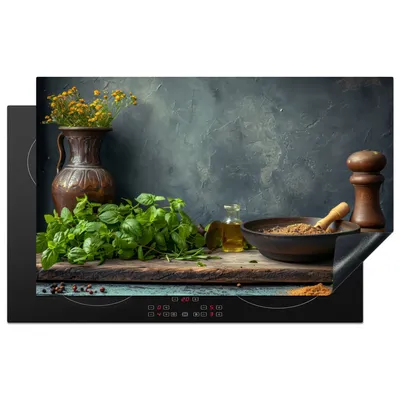 Produktbild von KitchenYeah© Herdabdeckplatte Stilleben - Küche - Kräuter , 85x52cm, Küche Deko, Glaskeramikkochfeld Herdabdeckung, Abdeckplatte fùr Kochfeld