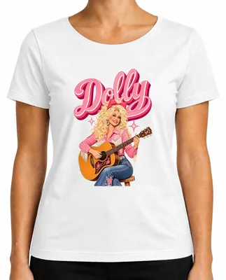 Immagine prodotto di Maglietta da donna, colore bianco, taglia S, con stampa raffigurante Dolly Parton, cantante di musica country, con chitarra, in stile cowgirl, western, retrò