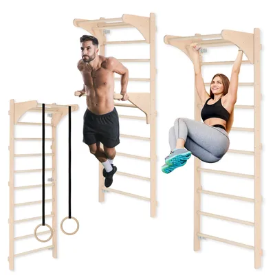 Obrázek produktu pro Stěnová sestava s hrazdami – Dřevěná lezecká stěna, výška 230 cm – Multifunkční fitness zařízení