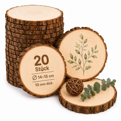 Produktbild von Holzscheiben 14-15 cm, 20 Stück Baumscheiben 15cm, Kiefernholz ohne Loch, 15 mm dick, ungeschliffen, zum Basteln, DIY Deko für Hochzeit Weihnachten