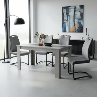 Produktbild von 5tlg. ESSGRUPPE Rems, 1 Tisch Betonoptik+Schwarz/Weiß - Winkelfuß - Maß 140x80cm + 4 Schwinger Stühle Hellgrau - Lehne mit Griff - 120kg belastbar