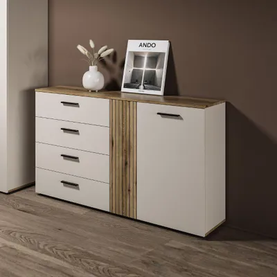 Immagine prodotto di Credenza 4 cassetti e 2 ante Frezo02 cashmere e rovere con listelli verticali 139x38x86H