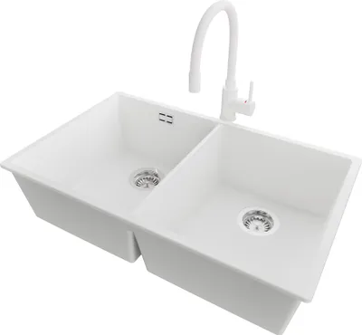Produktbild von PRIMAGRAN Unterbauspüle Granit Weiß 76x47cm, Spülbecken 2 Becken + Küchenarmatur 38x14cm + Ablauf-Set, Granitspüle ab 80er Unterschrank - London Twin