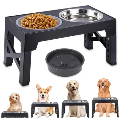 Produktbild von Erhöhter Futternapf für Hunde, höhenverstellbarer faltbarer Wassernapf aus Edelstahl mit Slow-Food-Napf, geeignet für große, mittlere und kleine Hunde