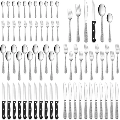 Imagen del producto de Juego de cubiertos de 72 piezas, de acero inoxidable, para 12 personas, que incluye cuchillos para carne y es apto para lavavajillas