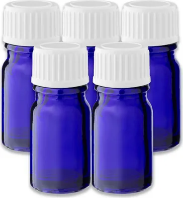 Produktbild von 5x Blaue Glasflasche 5 ml mit weißem PP-Schraubverschluss Kappe leer