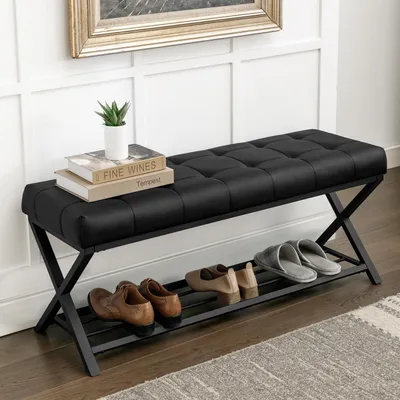 Produktbild von Schuhbank mit Sitzfläche und Metallrahmen 113 x 38 x 46 cm Schwarz