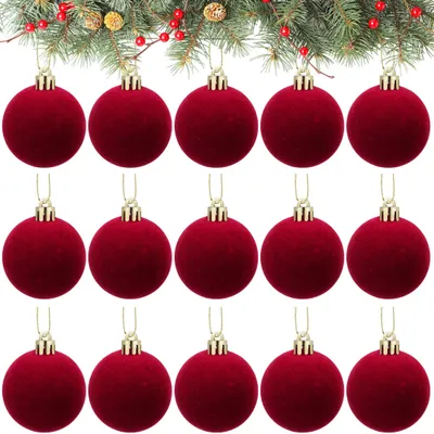 Immagine prodotto di 15 pezzi di baubles natalizi vellutati, 6 cm, decorazioni natalizie da appendere, baubles per l'albero di Natale per feste di matrimonio, rosso