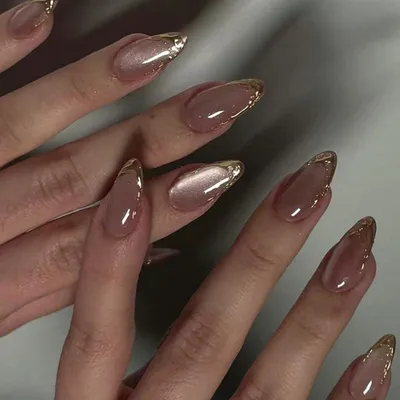 Produktbild von Künstliche Fingernägel Kurz Almond Cat Eye Baby Rosa Gold Twill French Magnetic Fake Nails mit Kleber