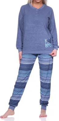 Produktbild von Damen Frottee Schlafanzug langarm mit Bündchen - Hose gestreift - auch in Übergrößen ; blau-melange , 60/62