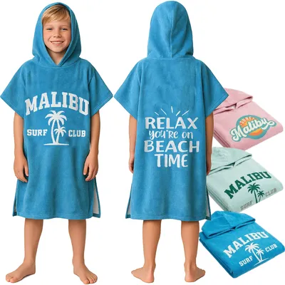 Produktbild von Badeponcho Kinder Poncho Handtuch - Mädchen Jungen Surf Frottee Bademantel Badetuch Baumwolle Strandponcho Surfponcho Blau Malibu Ponchos 1-3 Jahre