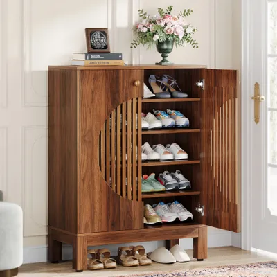 Produktbild von Tribesigns 5-stöckiger Schuhschrank mit runden Lamellentüren, 20 Paar Bauernhaus-Schuhschrank mit verstellbaren Regalen für Eingangsbereich, Flur
