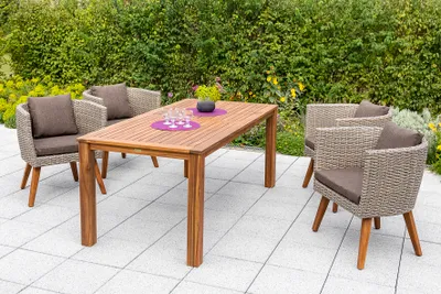 Produktbild von Merxx Gartenmöbelset "Imperia" 5tlg. mit Tisch 185 x 90 cm, inkl. Kissen - Aluminiumgestell mit Kunststoffgeflecht Steinbeige und Akazienholz
