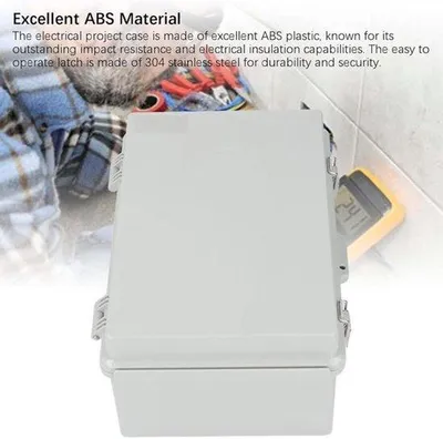 Productafbeelding van Elektrische schakelkast, 200x300x130mm, gemaakt van ABS-kunststof, met scharnierend deksel en een roosterplaat - IP67 waterdicht - Elektronische behuizing voor elektrische projectkasten in groot formaat.