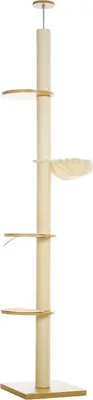 Produktbild von Kratzbaum, Katzenkratzbaum Deckenhoch, 230-250 cm, Kletterbaum mit Hängematte, Katzenbaum Höhenverstellbar, Spielbaum mit Kippschutz, Plüsch, Eiche+Cremeweiß