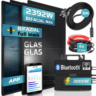 Produktbild von SUNNIVA® 2392W Balkonkraftwerk komplett Steckdose, ASTRO-ENERGY 2000W Wechselrichter, PV Solaranlage, 4x460W BIFAZIAL, FULL BLACK, Glas-Glas, 5m Kabel