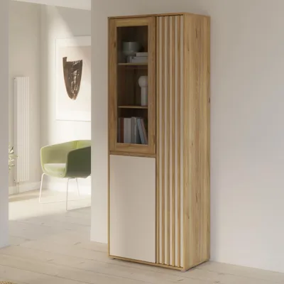 Produktbild von Forte ELISTON Vitrine 70 80, moderner Schrank mit Lamellendesign, 3-türig, Wohn-/Schlafzimmer, Mauvella Eiche Holzdekor|Kashmir Beige, 74 cm breit x 200,1 cm hoch x 41,5 cm tief
