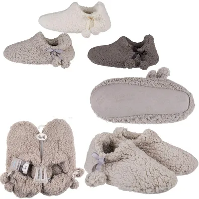 Produktbild von Kuschel Hausschuhe Gr. 36 - 41 in weiß, hellgrau oder dunkelgrau mit Pompoms, Farbe:hellgrau, Schuhgröße:38 - 39