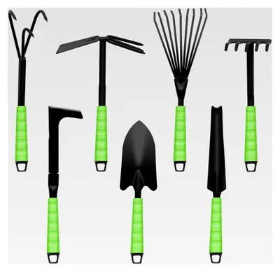 Produktbild von Gartenwerkzeug-Set 7-teilig mit Gartenkelle, zweizinkiger Handhacke, Harke ohne Zähne, Grasharke, Blumenkelle und Fugenkratzer für die Gartenarbeit