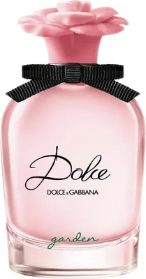 A pink perfume bottle with a pink flower-shaped cap and a black ribbon bow.