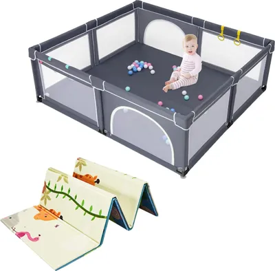 Produktbild von 206 X 185CM Laufstall Baby, Laufgitter Faltbar mit 50 Bällen & 4 Griffe, Schutzgitter mit 2 Türen, Krabbelgitter Indoor & Outdoor (Dunkelgrau, mit Matratze)