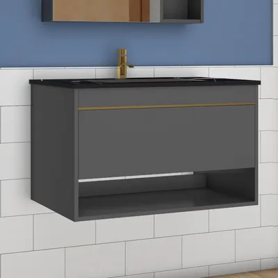 Produktbild von Waschtisch mit Unterschrank 80cm Schwarz Felsplatte Badmöbel Set mit Waschbecken Keramik