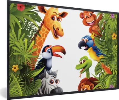 Produktbild von MuchoWow® Gerahmtes Poster Dschungel - Tiere - Jungen - Mädchen - Giraffe - Elefant - Kinder 90x60 cm - Poster mit Schwarzem Bilderrahmen Wandposter Rahmen Foto Bilder - Fotorahmen - Foto-Plakat