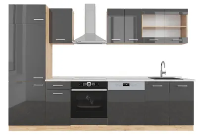 Produktbild von Küchenzeile Vicco R-Line Anthrazit Hochglanz/Goldkraft Eiche 300 cm , AP Marmor, Model 42977